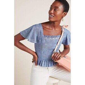 Anthropologie Metallic Stripe Floral Embroidered Flutter Sleeve Blouse Top (NWT)